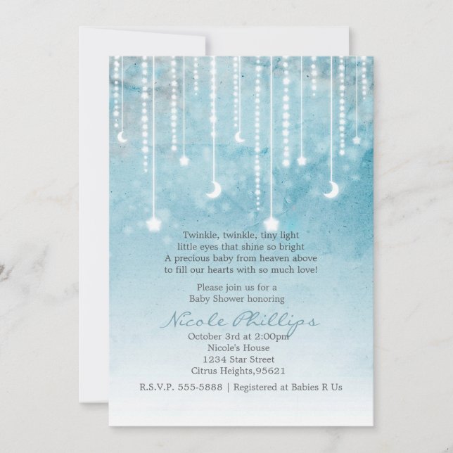 Invitation pour Baby Shower Céleste Lune et Étoile (Devant)