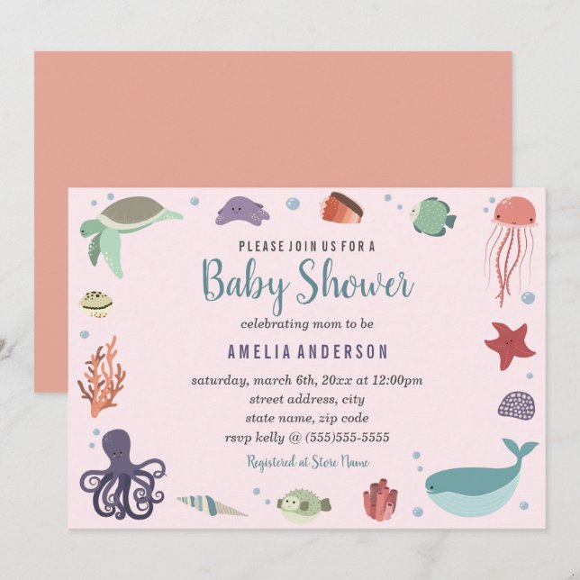 Invitation pour Baby Shower Corail Créatures Marin (Devant / Derrière)