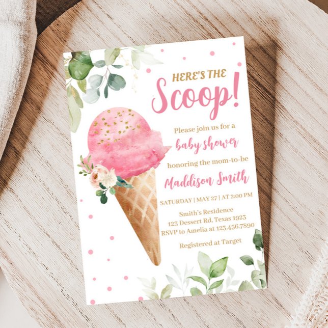 Invitation pour Baby Shower Cornet de Glace Rose (Girl Ice Cream Baby Shower Invitation)