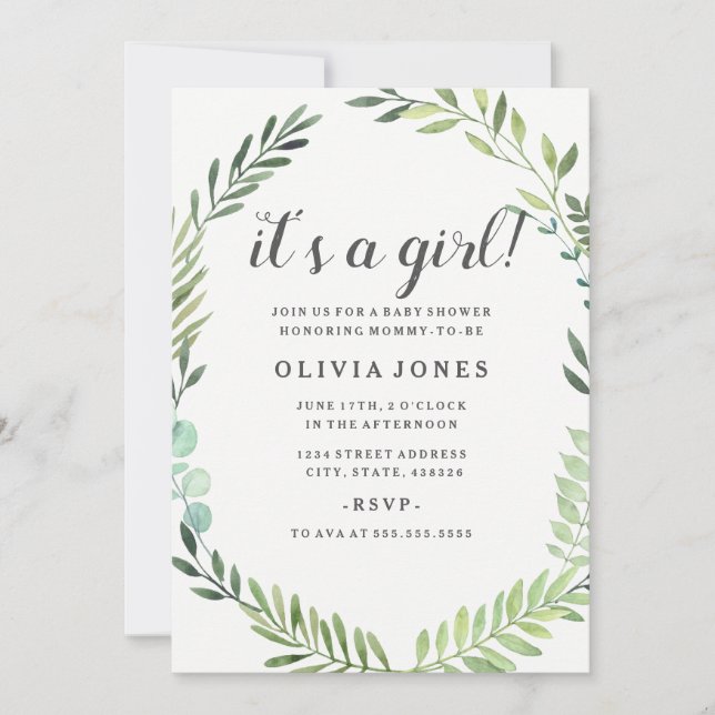 Invitation pour Baby Shower Couronne Bohème Verte  (Devant)