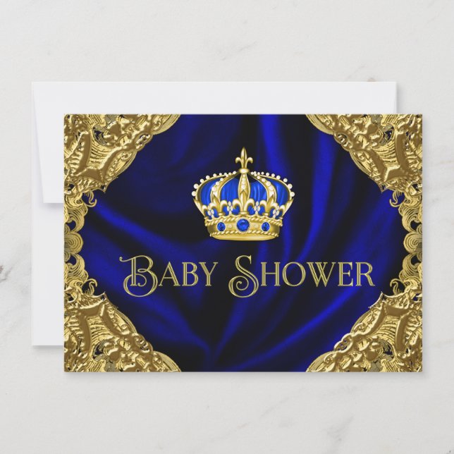 Invitation pour Baby Shower Couronne d'Or Bleu Roy (Devant)