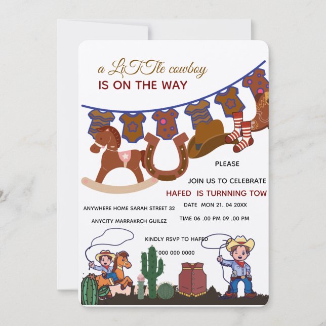Invitation pour Baby Shower Cowboy, Un petit C (Devant)