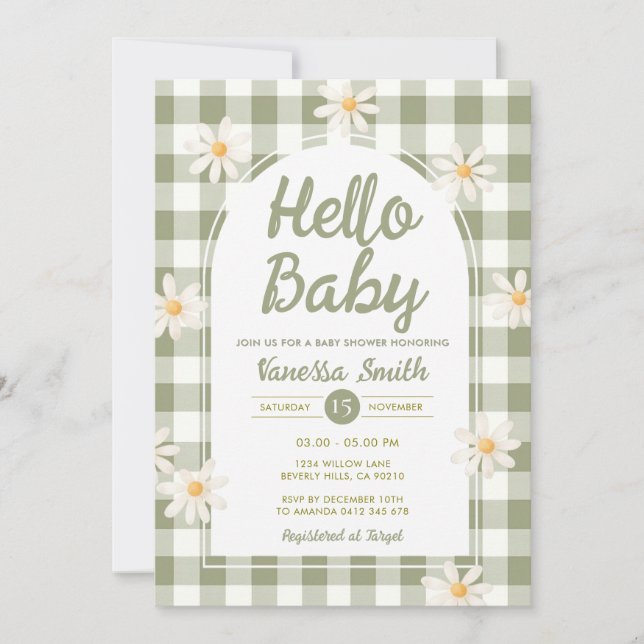 Invitation pour Baby Shower Daisy Gingham Hello (Devant)