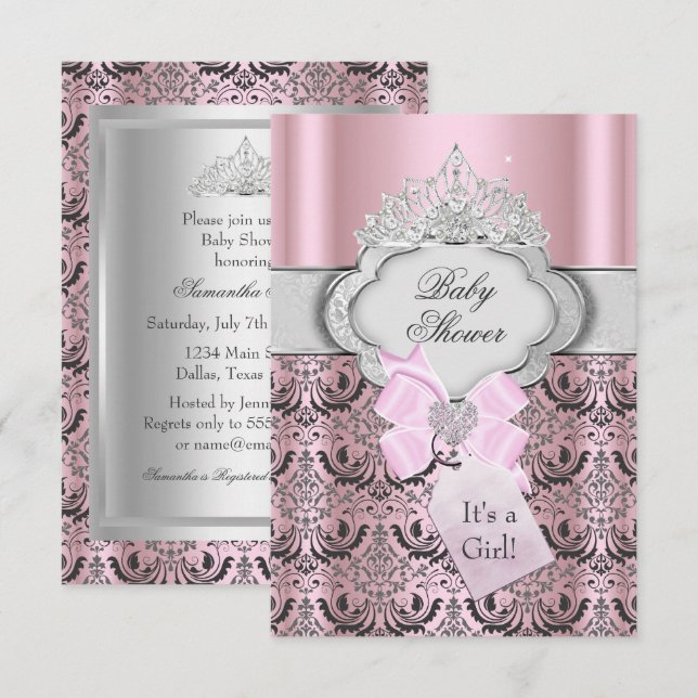 Invitation pour Baby Shower Damask & Tiara Princes (Devant / Derrière)
