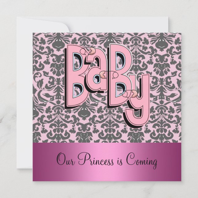 Invitation pour Baby Shower Damassé et Rose (Devant)