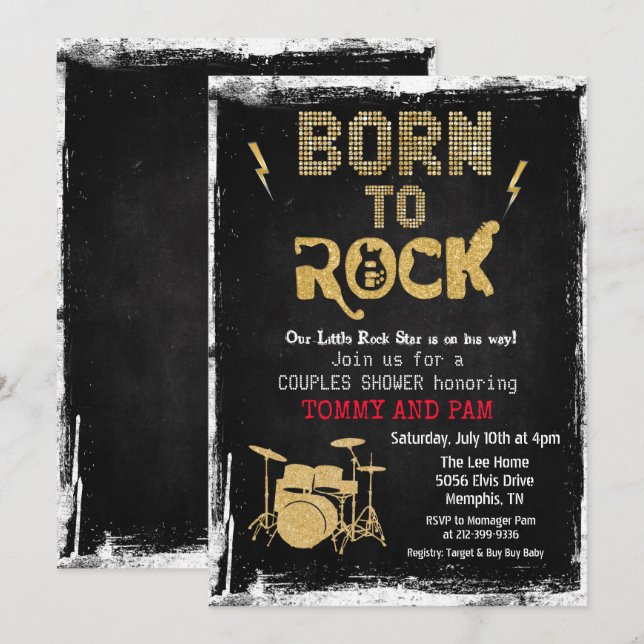 Invitation pour Baby Shower de Bébé Star du Rock N (Devant / Derrière)