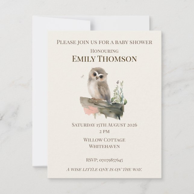 Invitation pour Baby Shower de Chouette de la Forê (Devant)