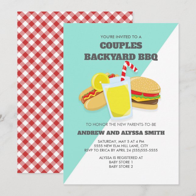Invitation pour Baby Shower de couples avec BBQ da (Devant / Derrière)