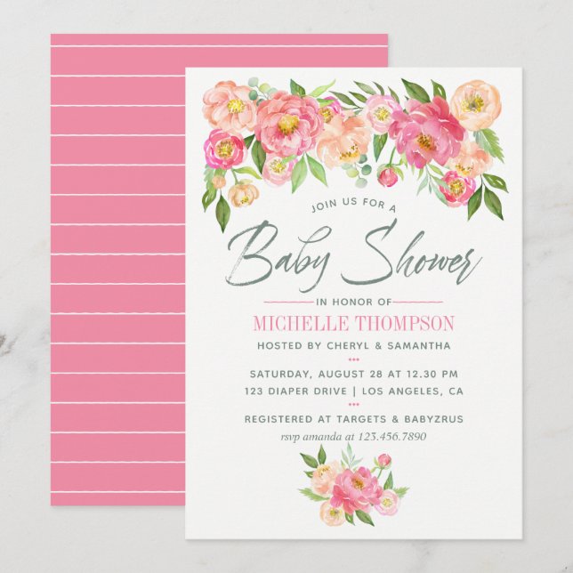 Invitation pour Baby Shower de fleurs de paonies d (Devant / Derrière)
