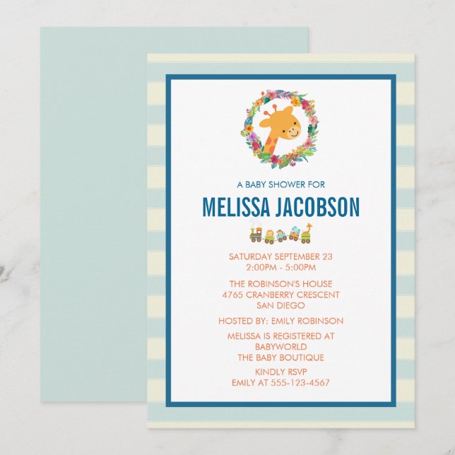 Invitation pour Baby Shower de girafe mignon avec  (Devant / Derrière)