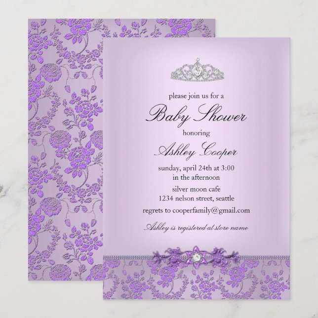 Invitation pour Baby Shower de la Princesse Violet (Devant / Derrière)