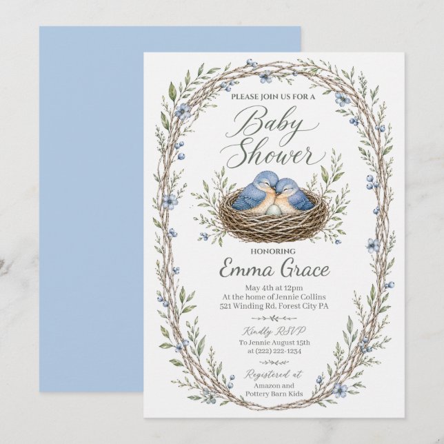 Invitation pour Baby Shower de Mésanges bleues de  (Devant / Derrière)