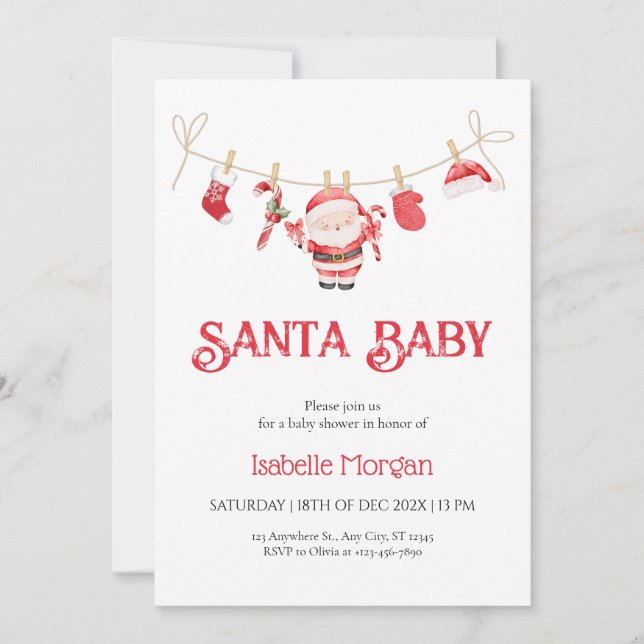 Invitation pour Baby Shower de Noël Bébé Santa Rou (Devant)