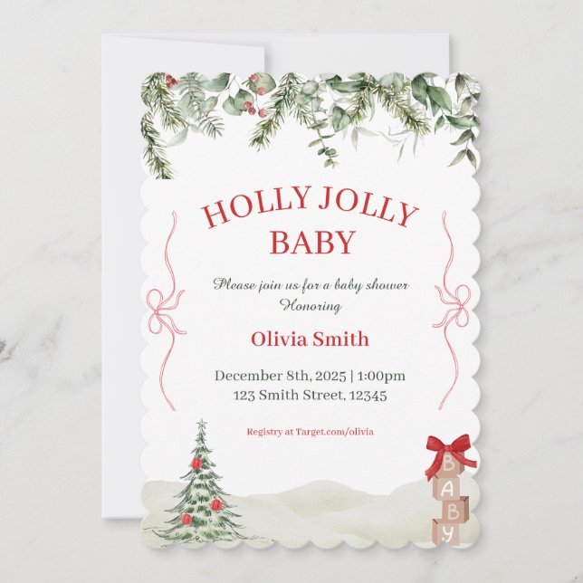 Invitation pour Baby Shower de Noël Holly Jolly (Devant)