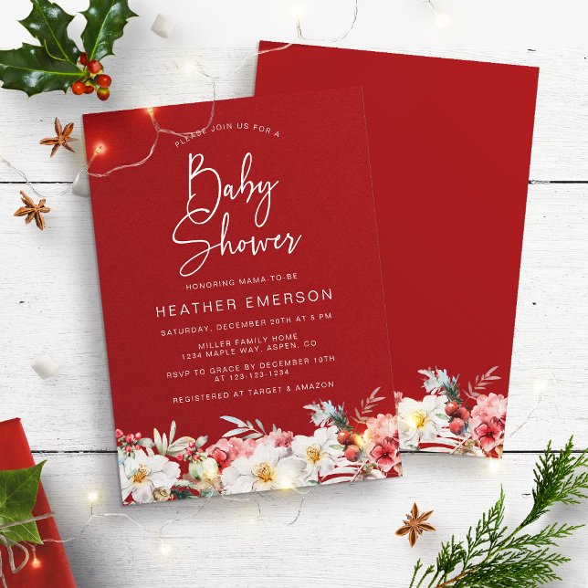Invitation pour Baby Shower de Noël Rouge (Rustic Boho Watercolor Floral Christmas Holiday Baby Shower Invitation by Painted Paperie)