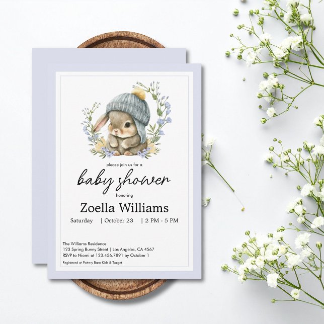 Invitation pour Baby Shower de printemps avec un L (Cute Bunny Floral Spring Baby Shower Invitation 1)