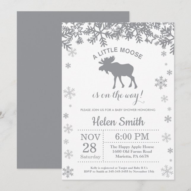 Invitation pour Baby Shower d'hiver de bébé élan f (Devant / Derrière)