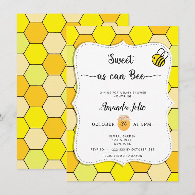Invitation pour baby shower douce comme une abeill (Devant / Derrière)