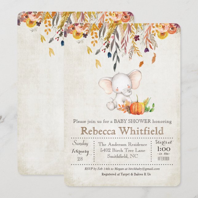 Invitation pour Baby Shower Éléphant d'Automne Cit (Devant / Derrière)