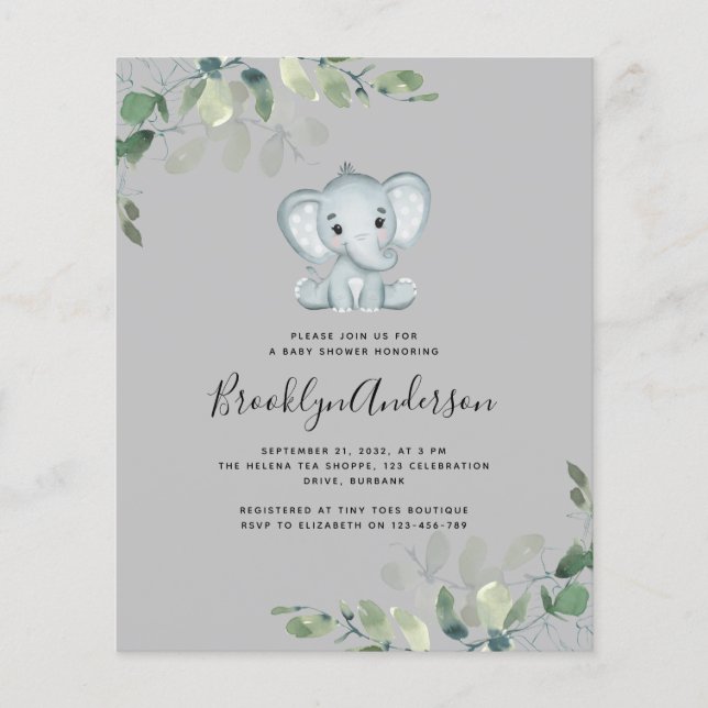 Invitation pour Baby Shower éléphant eucalyptus BU (Devant)