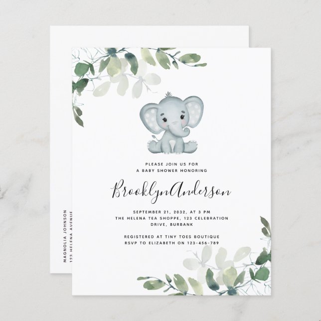 Invitation pour Baby Shower éléphant eucalyptus BU (Devant / Derrière)