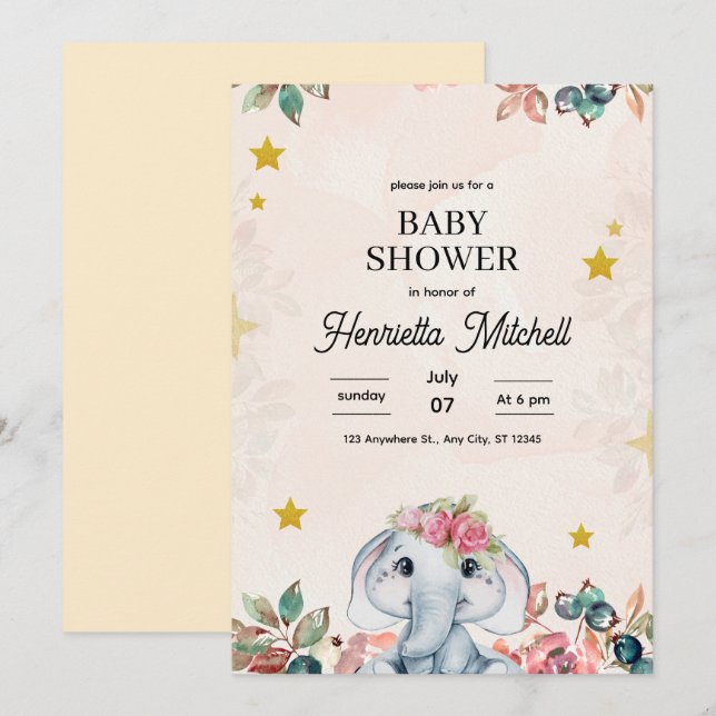 Invitation pour Baby Shower Éléphant Mignon, Fille (Devant / Derrière)