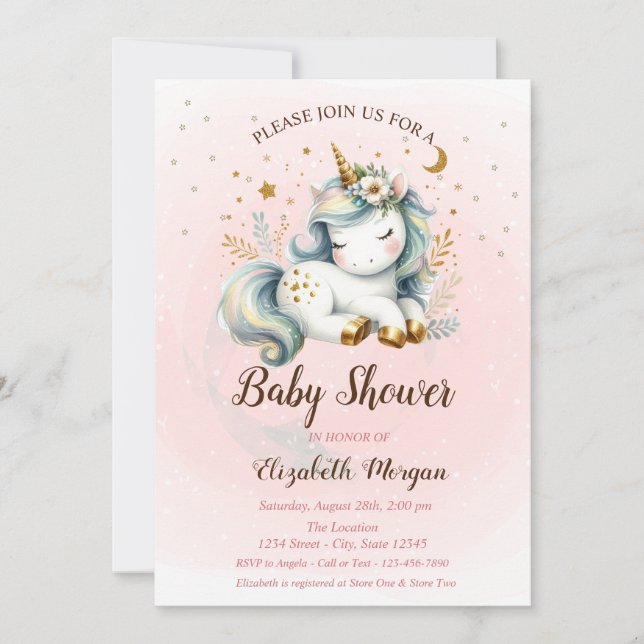 Invitation pour Baby Shower Étoile Licorne Mignonn (Devant)