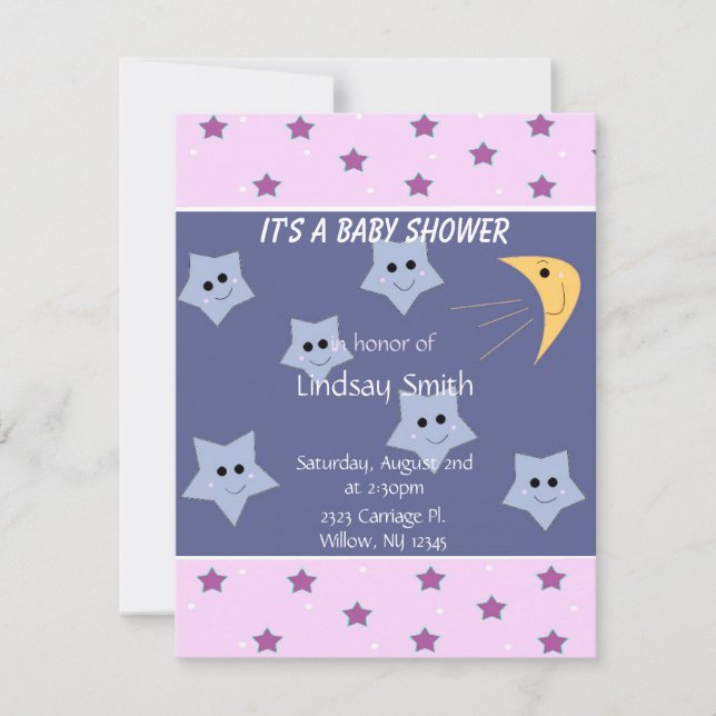 Invitation pour Baby Shower Étoiles et Lune (Devant)