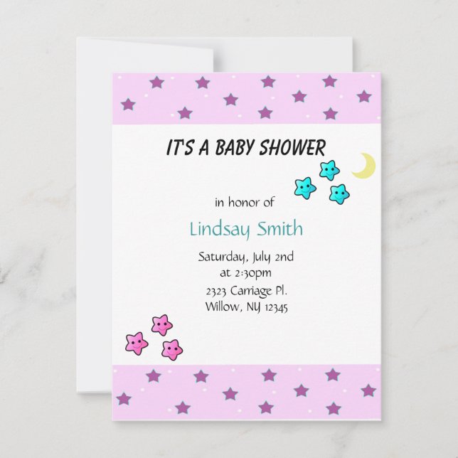 Invitation pour Baby Shower Étoiles et Lune (Devant)
