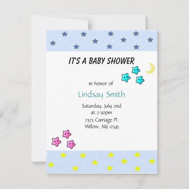 Invitation pour Baby Shower Étoiles et Lune (Devant)