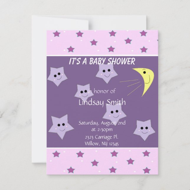 Invitation pour Baby Shower Étoiles et Lune (Devant)
