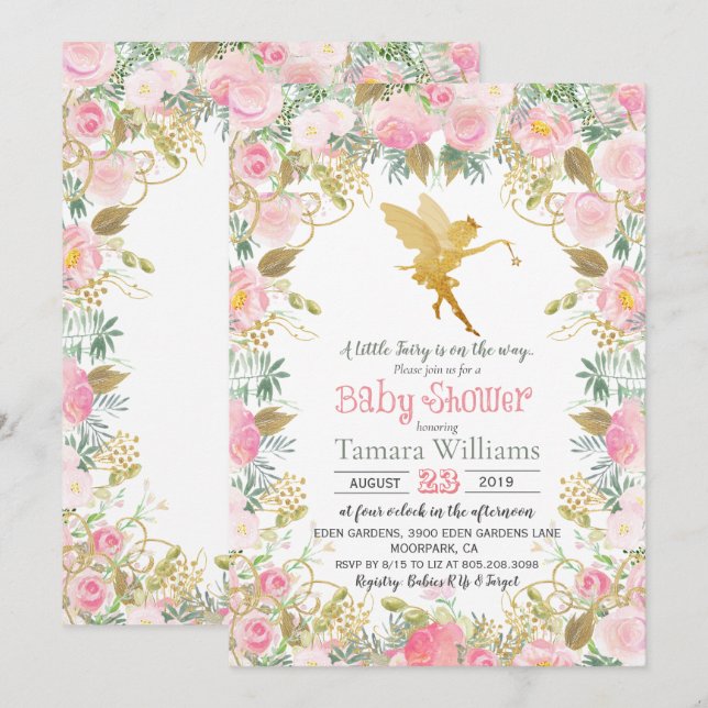 Invitation pour Baby Shower Fée Florale (Devant / Derrière)