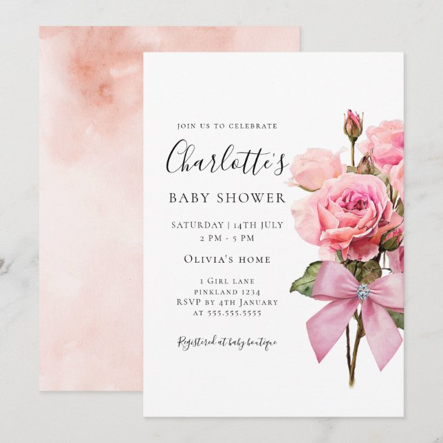 Invitation pour Baby Shower Fille Arc-en-ciel Rose (Devant / Derrière)