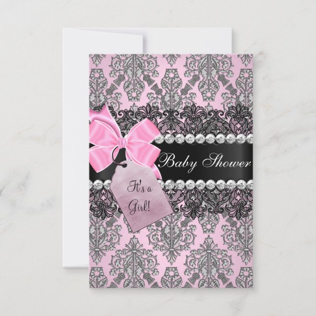 Invitation pour Baby Shower Fille au Damassé Rose  (Devant)