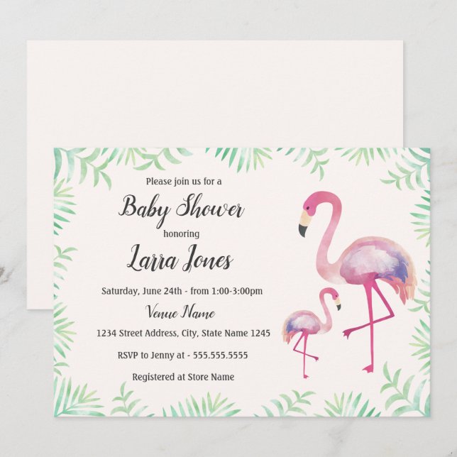 Invitation pour Baby Shower Fille au Flamant Rose  (Devant / Derrière)