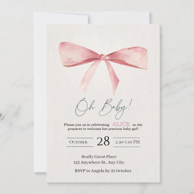 Invitation pour Baby Shower Fille au Ruban Rose (Devant)