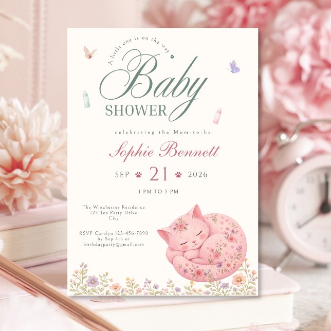 Invitation pour Baby Shower Fille au Thème Chat et (Pastel Floral Cat Baby Shower Invitation for Girls)