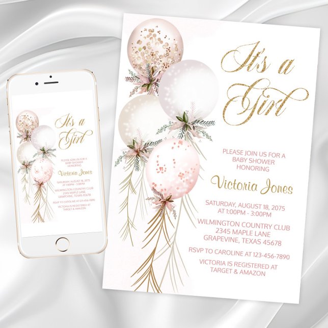 Invitation pour Baby Shower Fille avec Ballons Ros (Blush pink gold balloon baby shower invitation.)