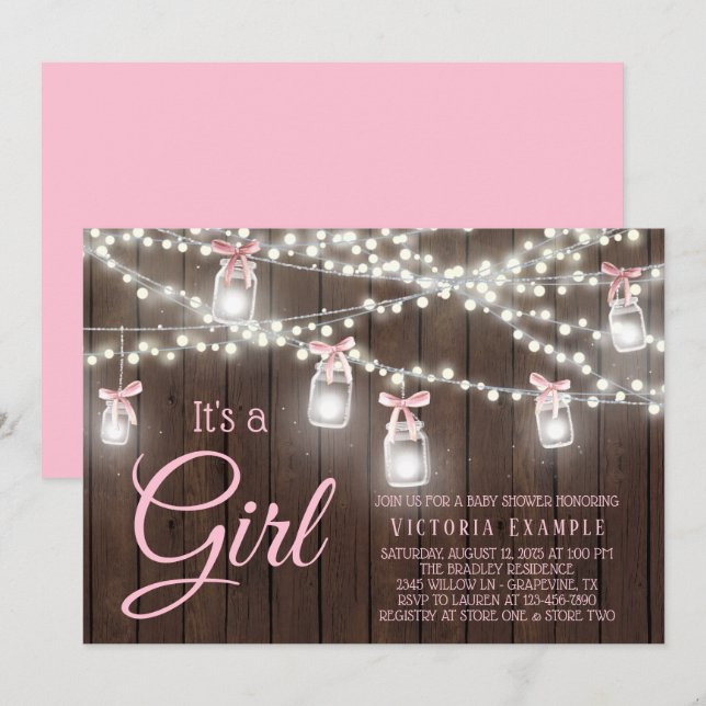 Invitation pour Baby Shower Fille avec Guirlande L (Devant / Derrière)