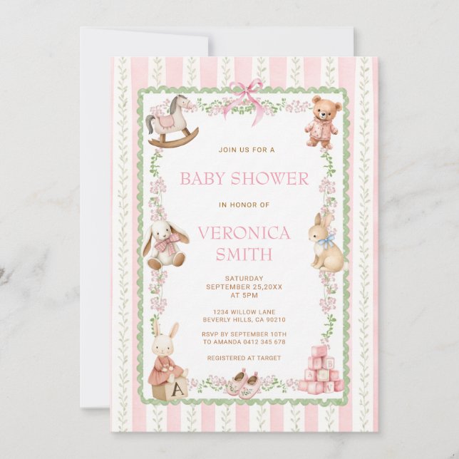 Invitation pour Baby Shower Fille avec Ruban Flora (Devant)