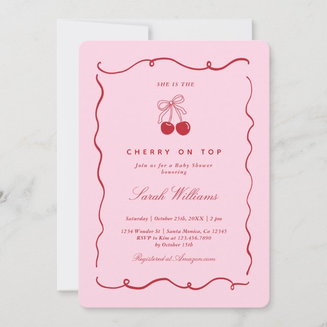 Invitation pour Baby Shower Fille Cerise sur le Gâ (Devant)