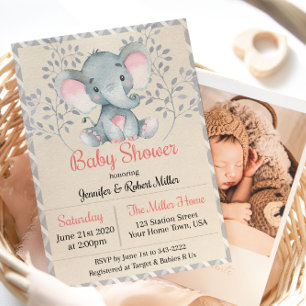 Invitation pour Baby Shower Fille Éléphant Rose