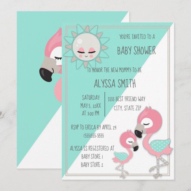 Invitation pour Baby Shower Fille Flamant Rose Ver (Devant / Derrière)