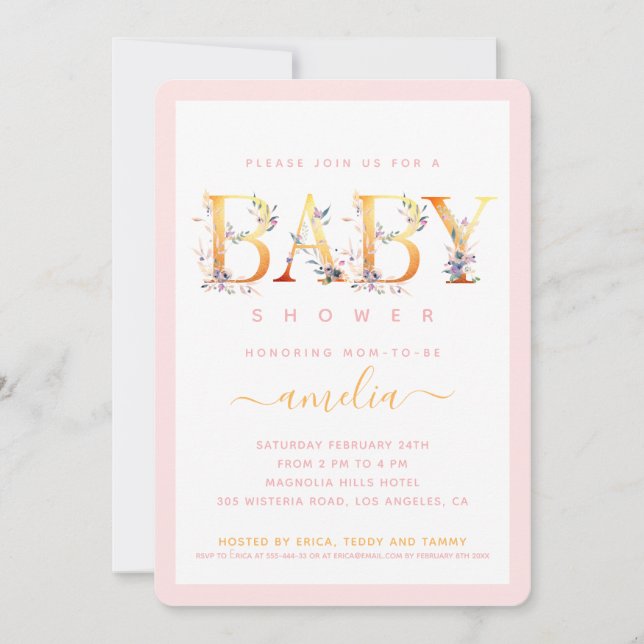 Invitation pour Baby Shower Fille Fleur Rose Or (Devant)