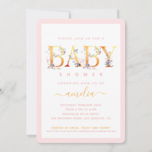 Invitation pour Baby Shower Fille Fleur Rose Or