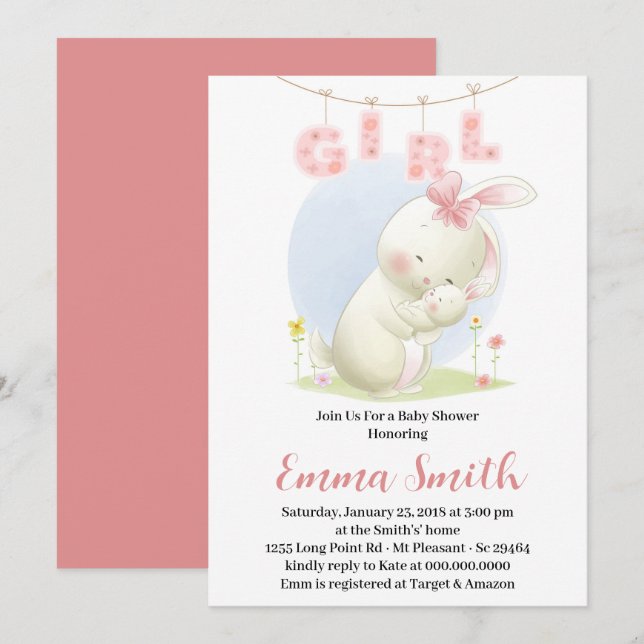 Invitation pour Baby Shower Fille Lapin Sucré (Devant / Derrière)