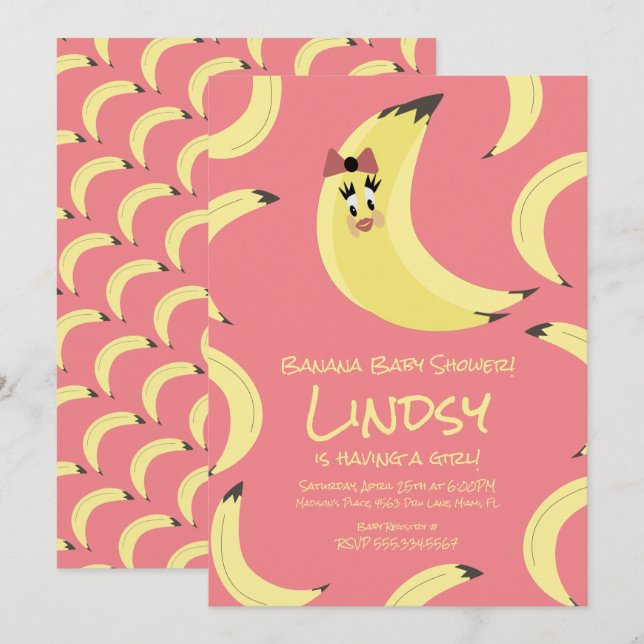Invitation pour Baby Shower Fille Mignonne Banane  (Devant / Derrière)