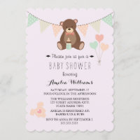 Invitation pour Baby Shower Fille Ours en Peluche 