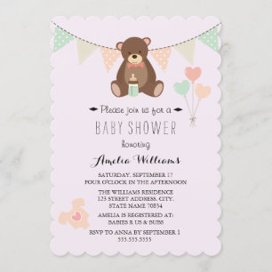 Invitation pour Baby Shower Fille Ours en Peluche 