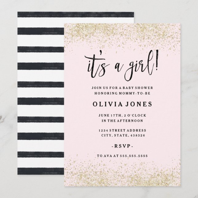 Invitation pour Baby Shower Fille Pailletée Rose e (Devant / Derrière)